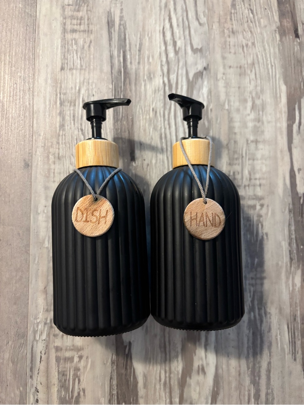 Black Matte Ribbed Pump Dispenser with Bamboo Top - Set of 2